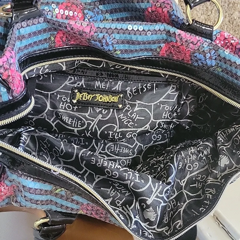 Betsy Johnson Turquoise with Pink Roses and Sequins Purse